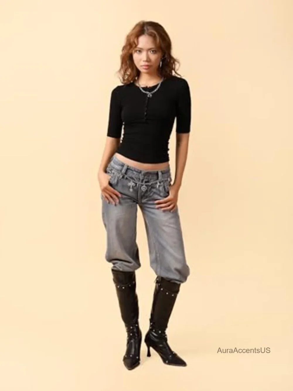 Goth Punk Cross Moth Heart Spike Chain Belt, Waist Belly Chain, Zinc Alloy,
